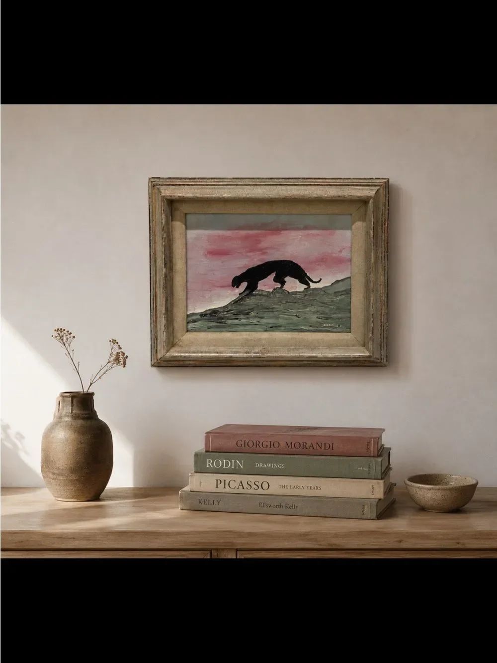 MCM Minimalist Panther Oil Painting on Canvas with Wood/ Linen Frame